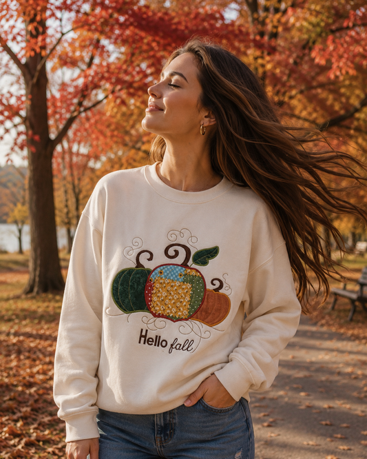 Patchwork Pumpkin Embroidered Sweatshirt | Applique Autumn Crewneck Pullover
