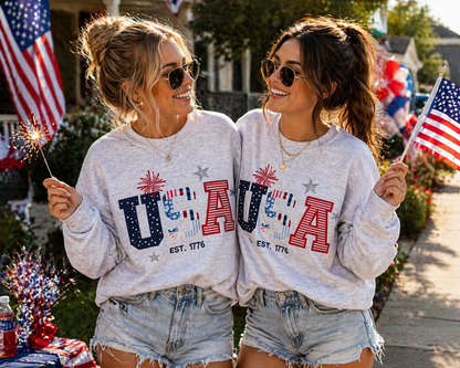 Sudadera bordada USA Est. 1776 | Cuello redondo patriótico con apliques florales | 4 de Julio