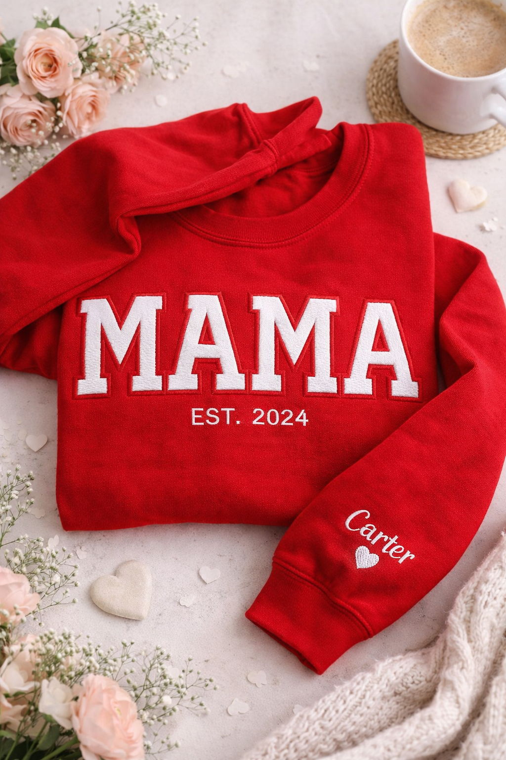 Personalized Mama Embroidered Sweatshirt – Custom Name Sleeve Varsity Appliqué