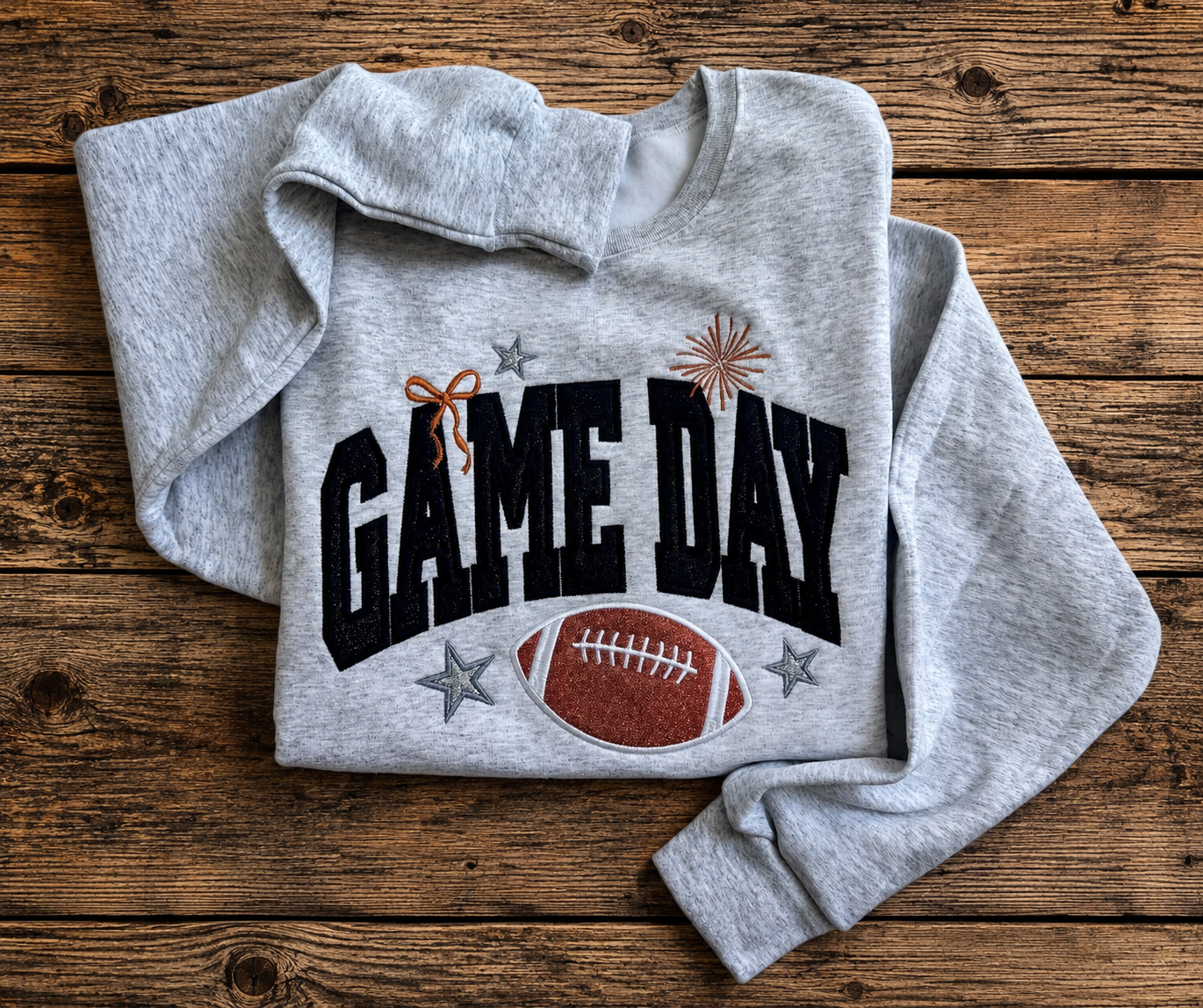 Ash Football Game Day sweatshirt with embroidered varsity lettering and glitter appliqué