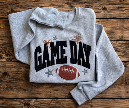 Ash Football Game Day sweatshirt with embroidered varsity lettering and glitter appliqué
