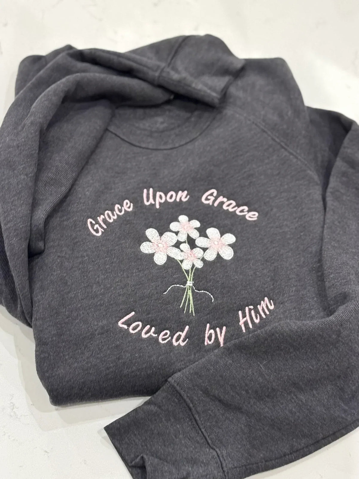 Grace Upon Grace Christian embroidered sweatshirt in Oxford Gray with floral details