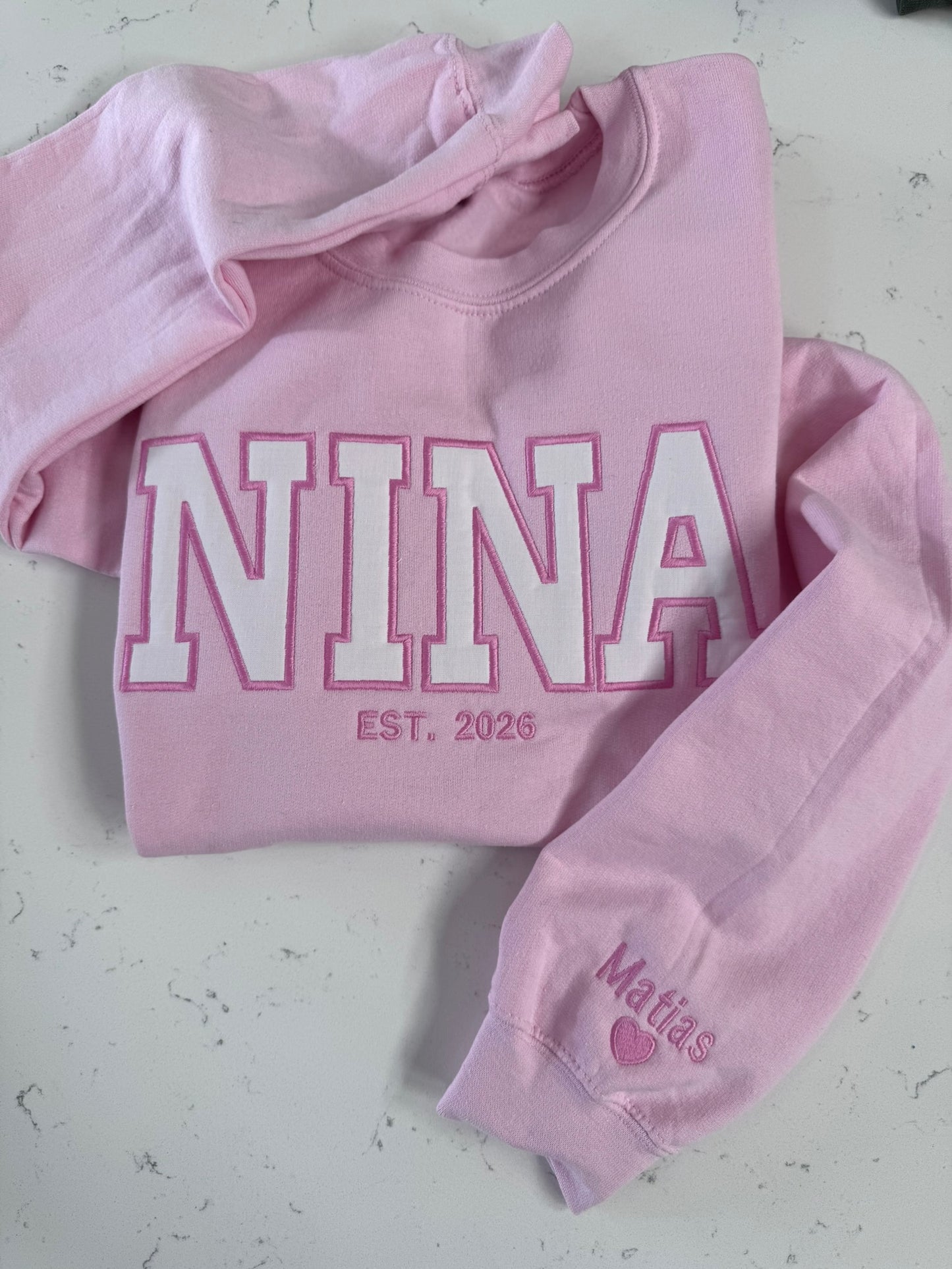 Personalized Mama Embroidered Sweatshirt – Custom Name Sleeve Varsity Appliqué