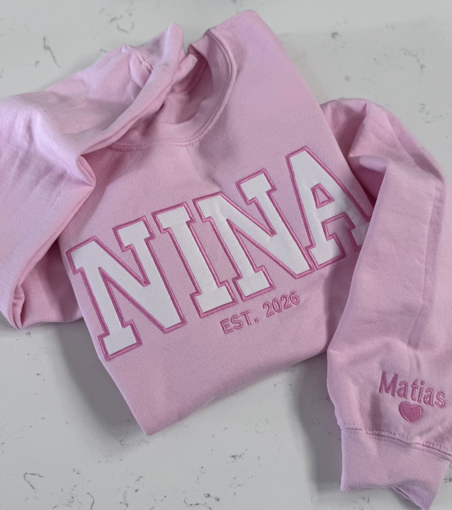 Personalized Mama Embroidered Sweatshirt – Custom Name Sleeve Varsity Appliqué