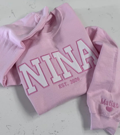 Close-up of varsity appliqué lettering on personalized Mama sweatshirt