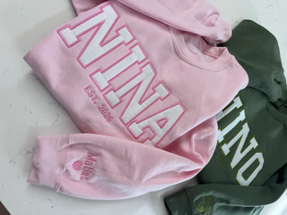 Personalized Mama sweatshirt full view custom name varsity appliqué