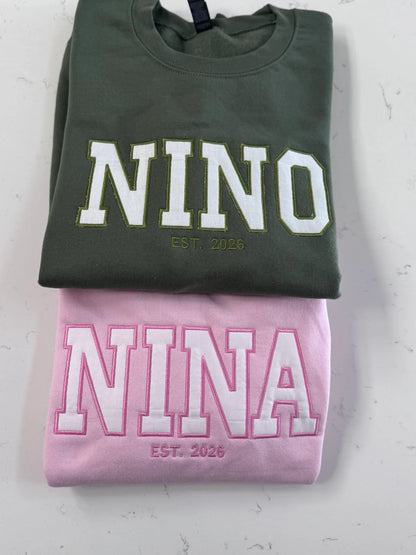 Custom embroidered Mama sweatshirt with personalized name sleeve varsity