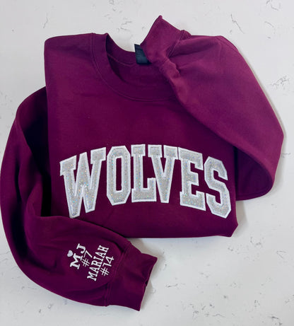 Wolves Sweatshirt & Hoodie | Custom Arch Sparkle Appliqué | Personalized School Spirit | It's So Cute®