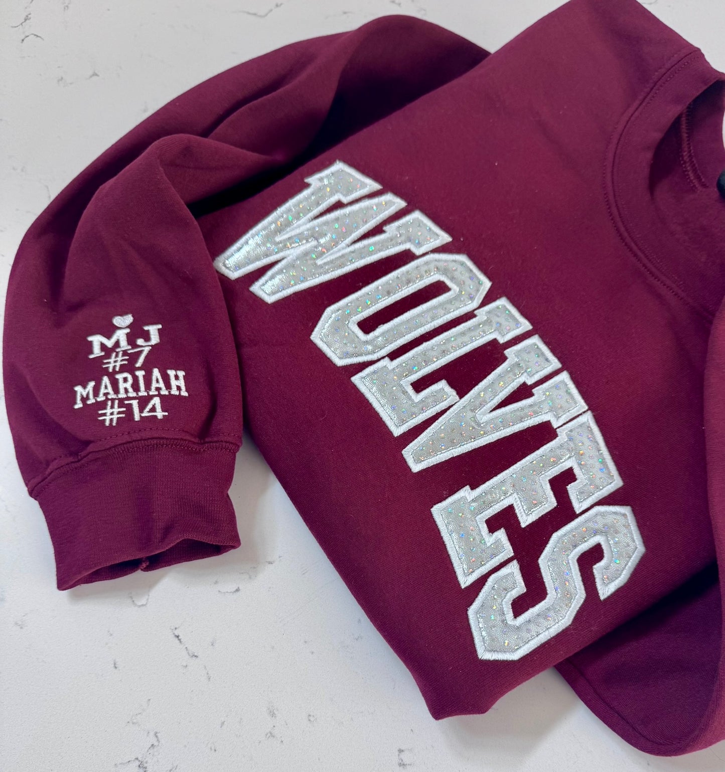 Wolves Sweatshirt & Hoodie | Custom Arch Sparkle Appliqué | Personalized School Spirit | It's So Cute®