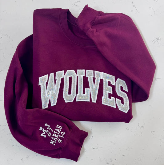 Wolves Sweatshirt & Hoodie | Custom Arch Sparkle Appliqué | Personalized School Spirit | It's So Cute®