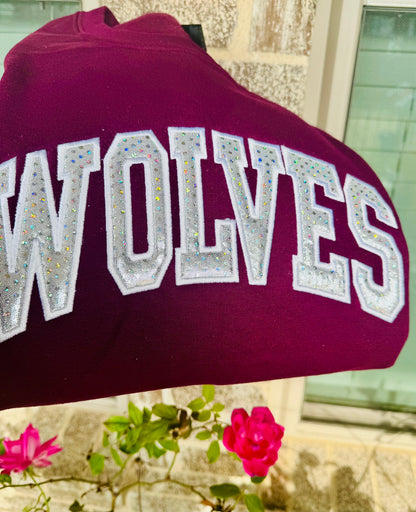 Wolves Sweatshirt & Hoodie | Custom Arch Sparkle Appliqué | Personalized School Spirit | It's So Cute®