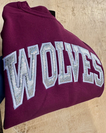 Wolves Sweatshirt & Hoodie | Custom Arch Sparkle Appliqué | Personalized School Spirit | It's So Cute®