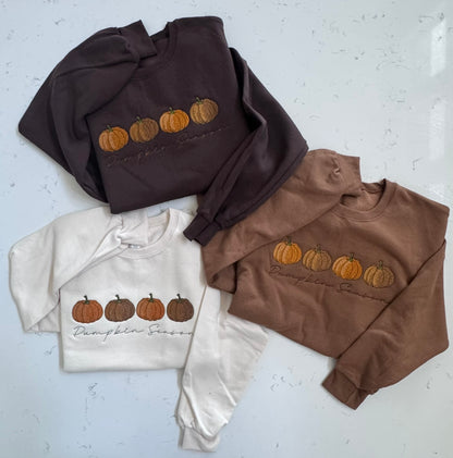 Pumpkin Season embroidered sweatshirts in Chocolate, Cream and Pecan — personalized fall crewneck by It's So Cute®