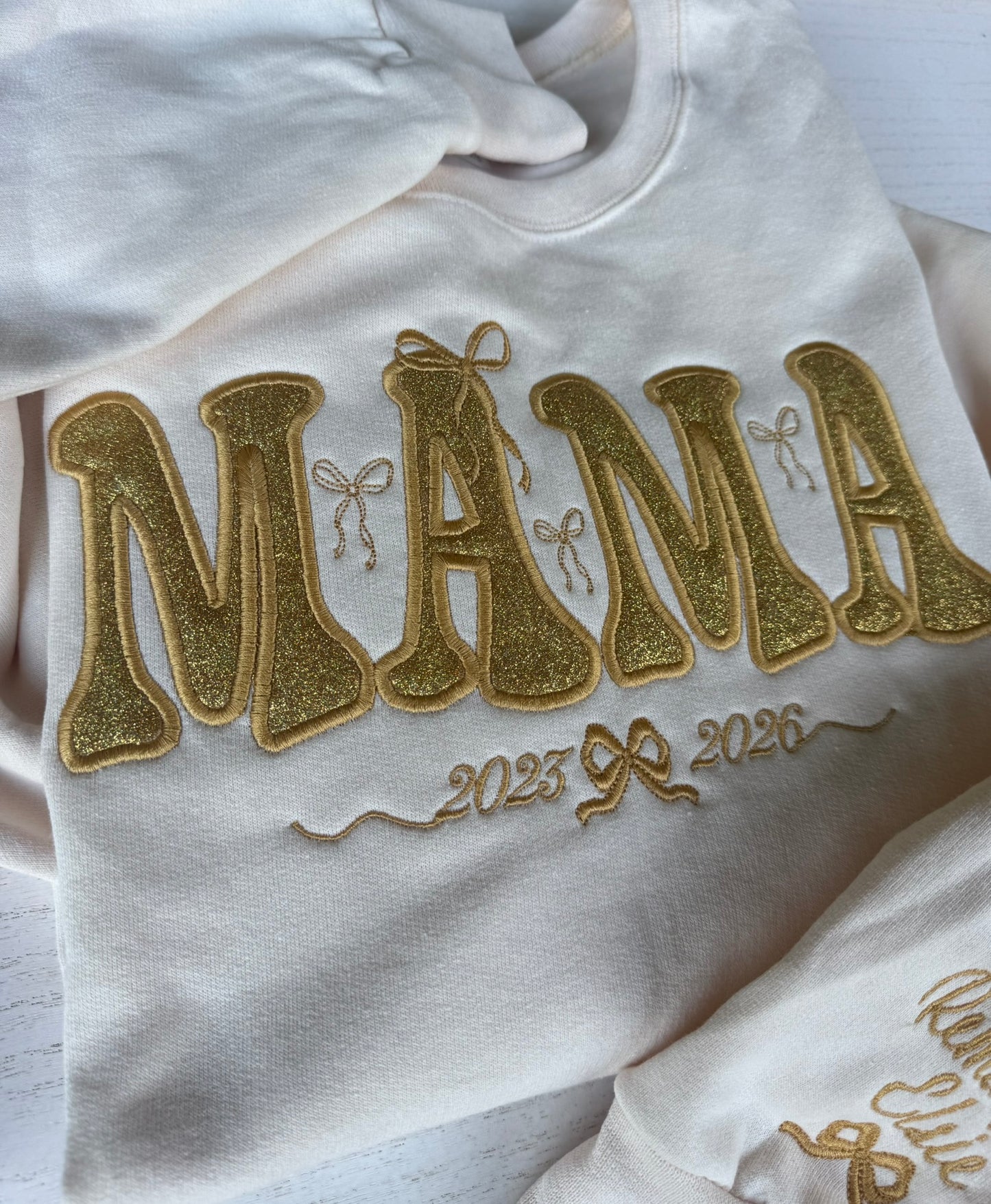 Personalized Glitter Gold Mama Sweatshirt & Hoodie | Champagne Appliqué | Coquette Bows | Custom Sleeve Names