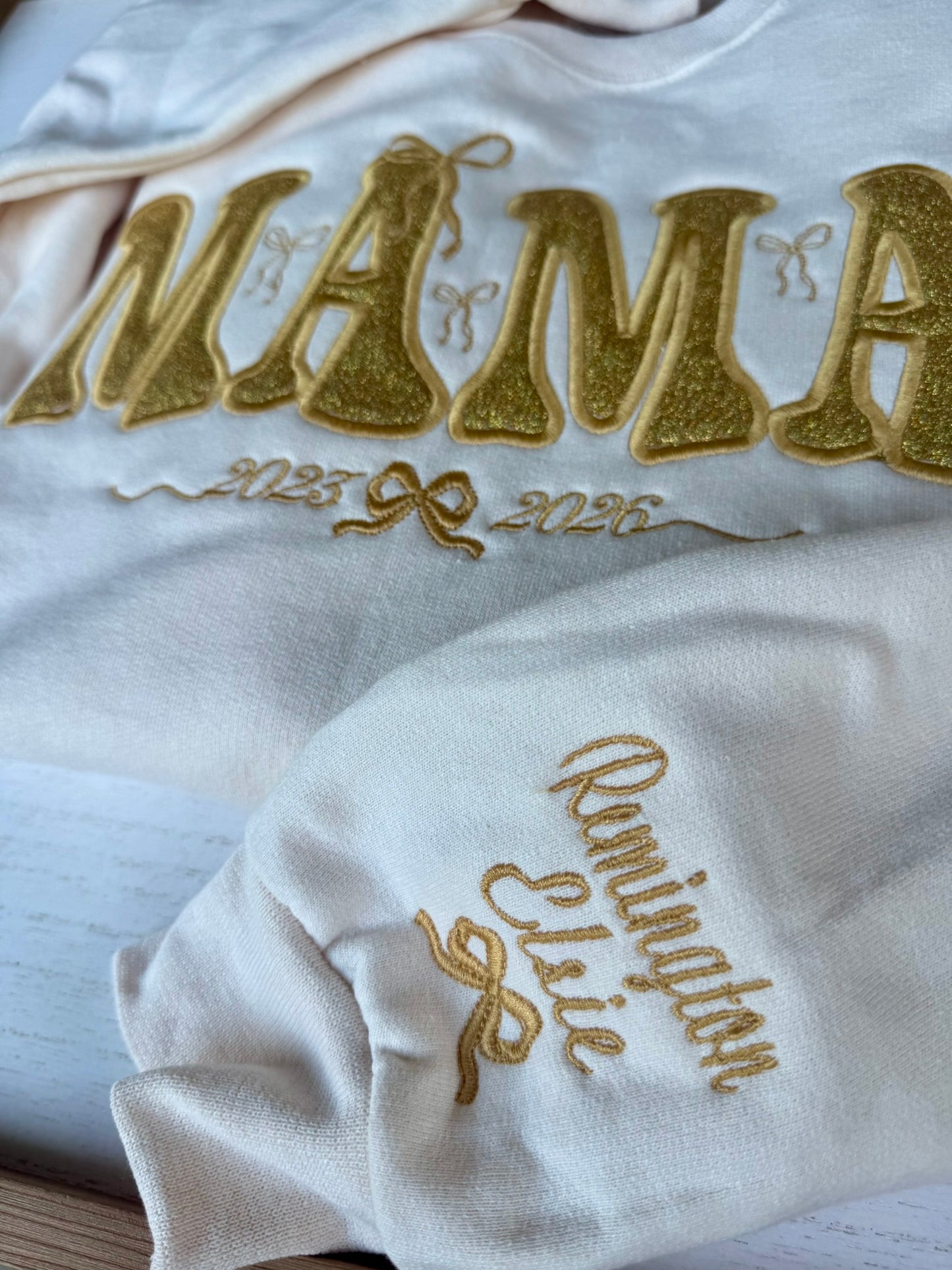 Personalized Glitter Gold Mama Sweatshirt & Hoodie | Champagne Appliqué | Coquette Bows | Custom Sleeve Names
