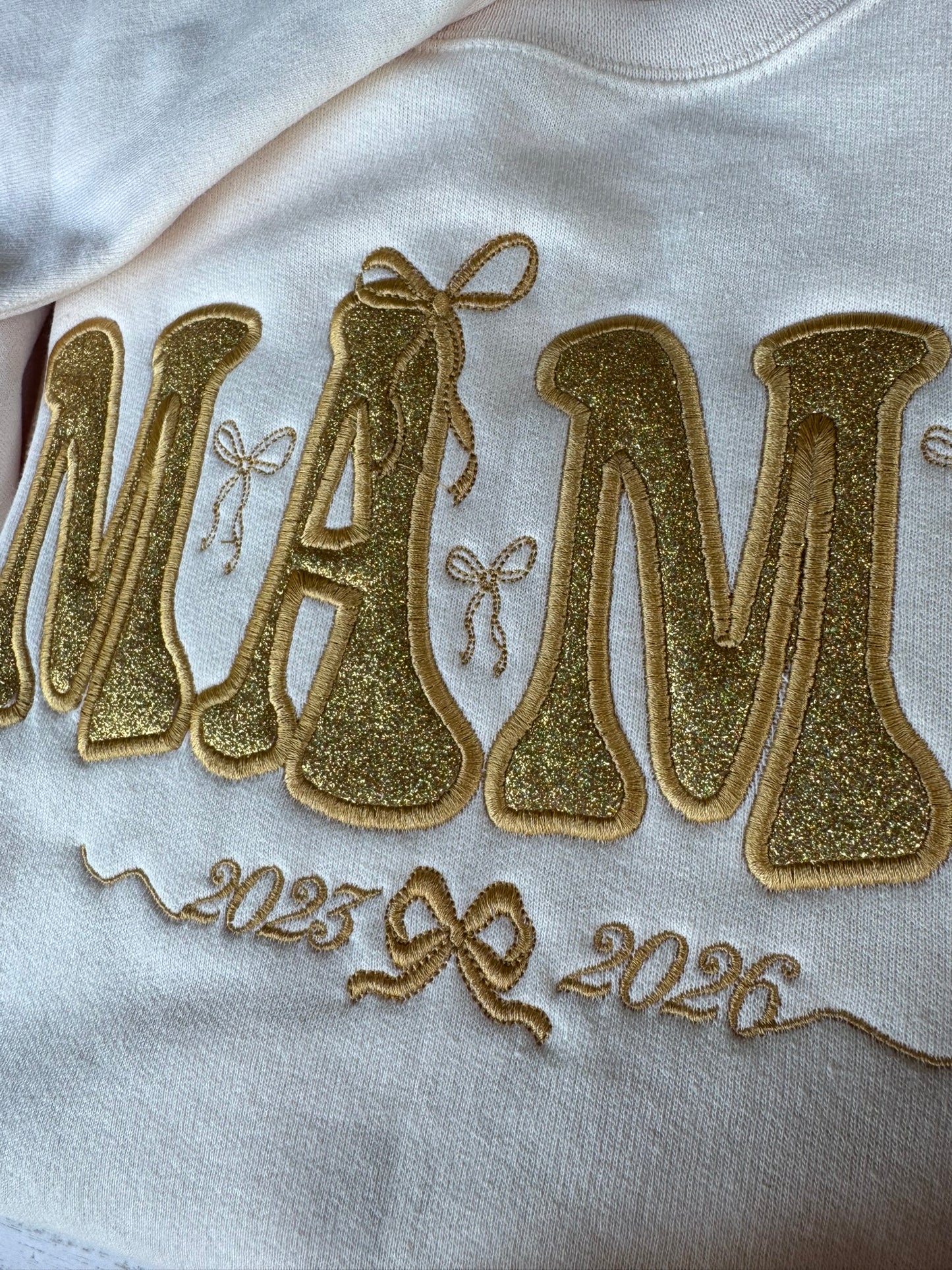 Personalized Glitter Gold Mama Sweatshirt & Hoodie | Champagne Appliqué | Coquette Bows | Custom Sleeve Names