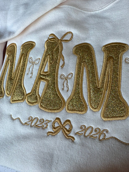 Personalized Glitter Gold Mama Sweatshirt & Hoodie | Champagne Appliqué | Coquette Bows | Custom Sleeve Names