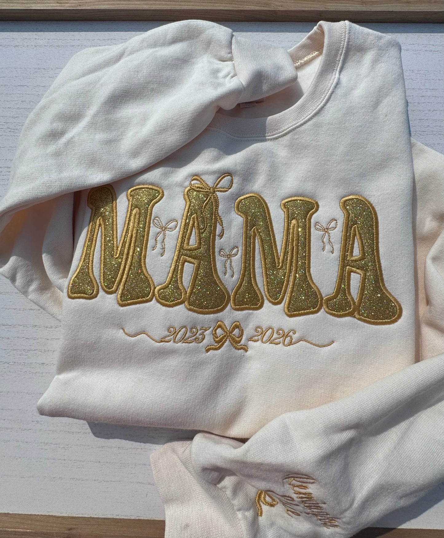 Personalized Glitter Gold Mama Sweatshirt & Hoodie | Champagne Appliqué | Coquette Bows | Custom Sleeve Names