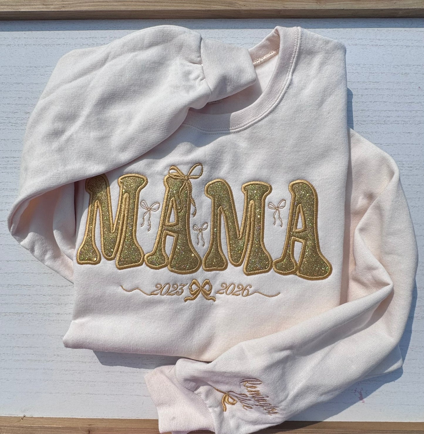 Personalized Glitter Gold Mama Sweatshirt & Hoodie | Champagne Appliqué | Coquette Bows | Custom Sleeve Names
