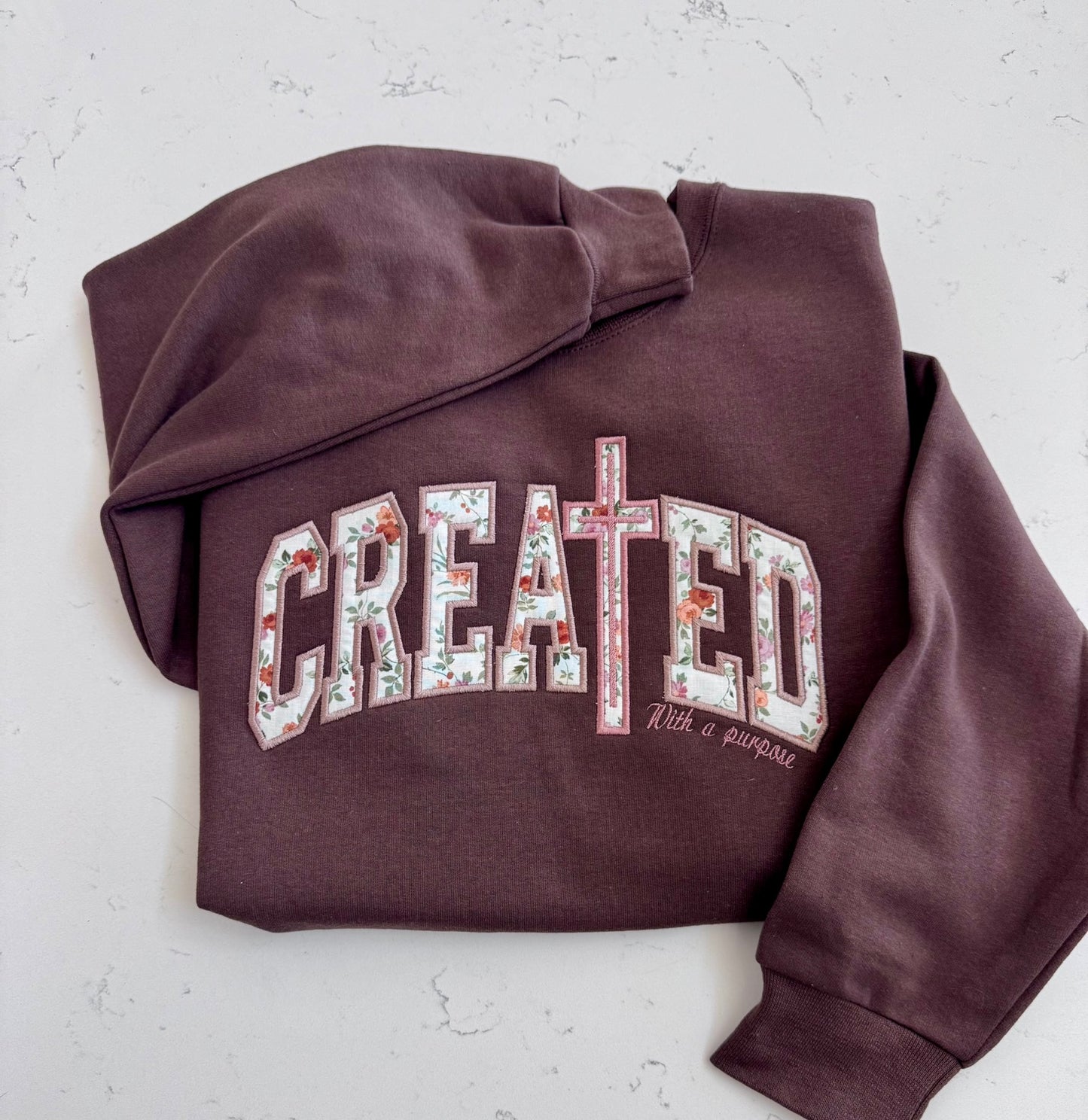 Created With a Purpose Sweatshirt | Christian Floral Applique Embroidered Crewneck | Faith-Based Women’s Sweatshirt | Cozy Christian Gift