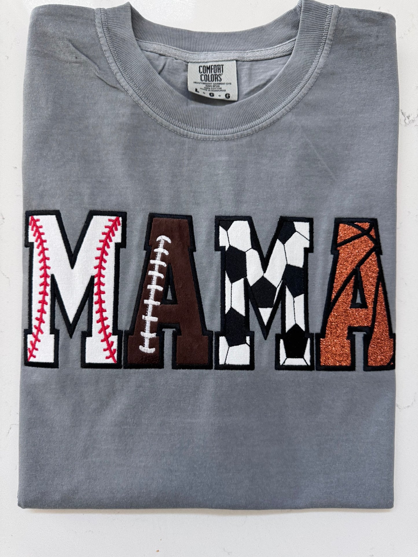 Sport MAMA Appliqué Comfort Colors Tee | Baseball Football Soccer Basketball | Short & Long Sleeve