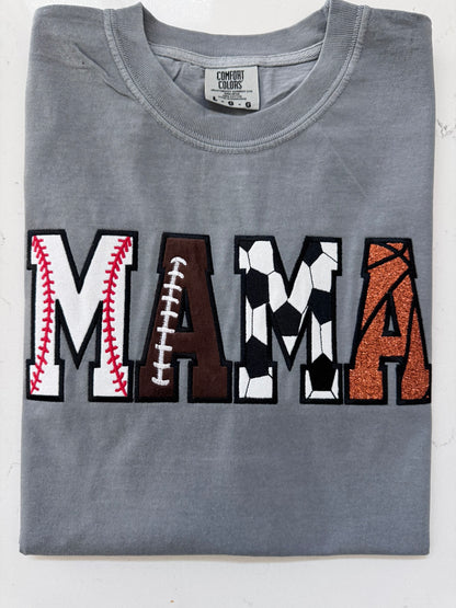 Sport MAMA Appliqué Comfort Colors Tee | Baseball Football Soccer Basketball | Short & Long Sleeve