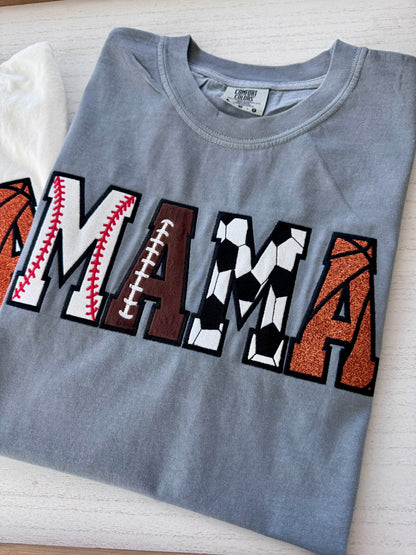 Sport MAMA Appliqué Comfort Colors Tee | Baseball Football Soccer Basketball | Short & Long Sleeve