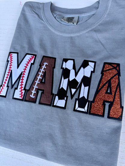 Sport MAMA Appliqué Comfort Colors Tee | Baseball Football Soccer Basketball | Short & Long Sleeve