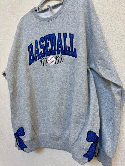 Custom Mama Baseball Mom embroidered varsity crewneck sweatshirt detail