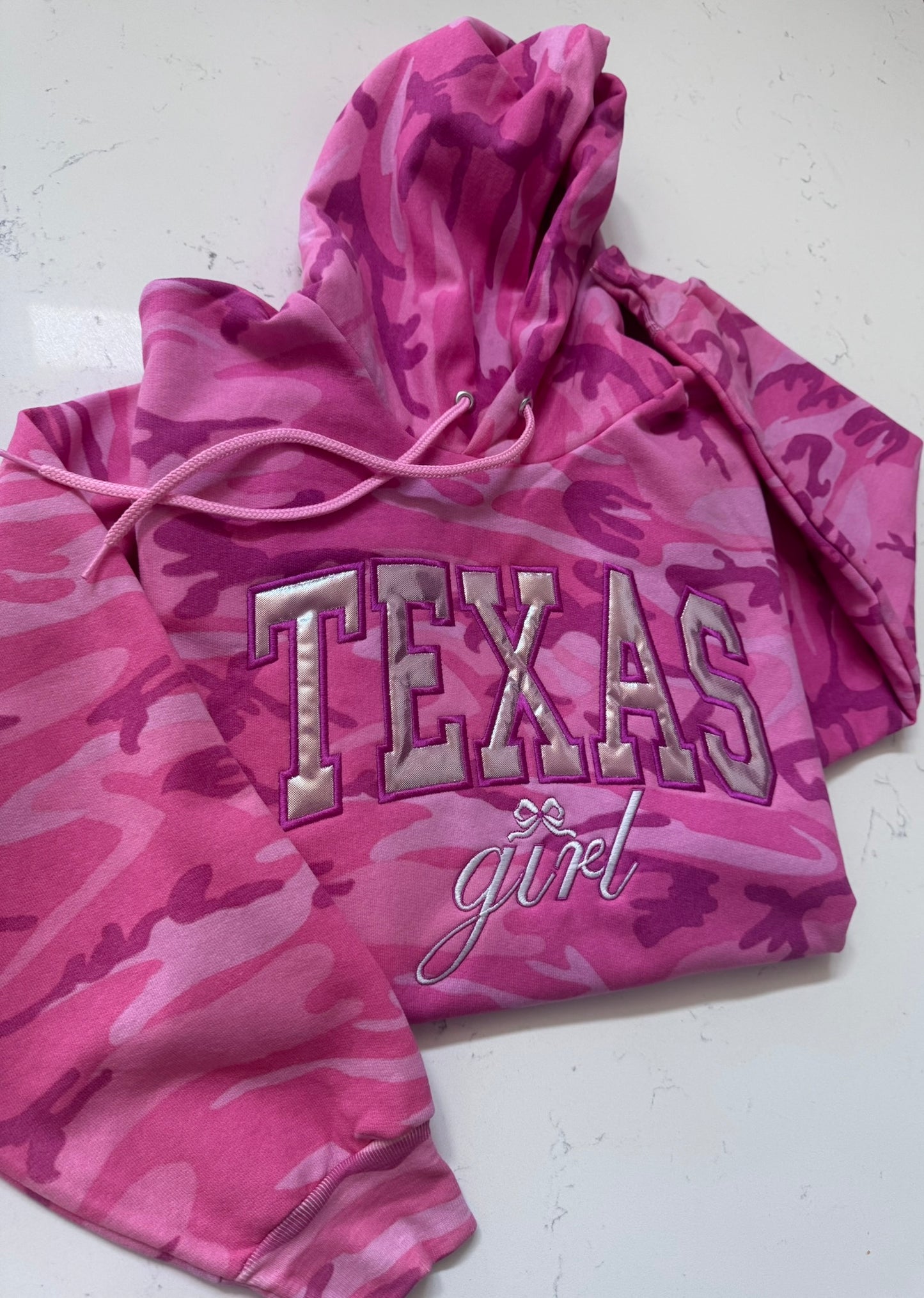 Pink Camo Texas Girl Hoodie, Metallic Appliqué, Embroidered Western Sweatshirt