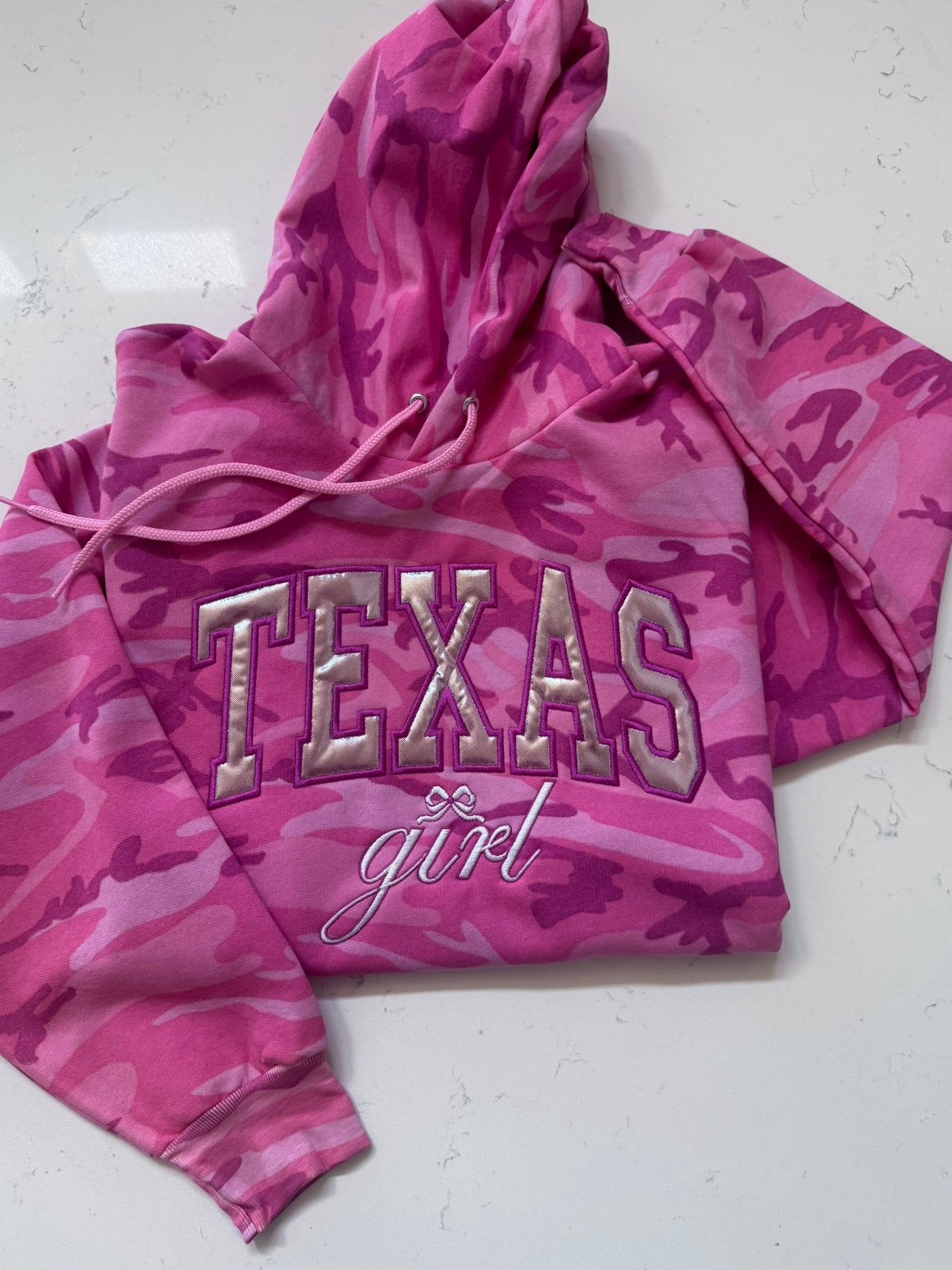 Pink Camo Texas Girl Hoodie, Metallic Appliqué, Embroidered Western Sweatshirt