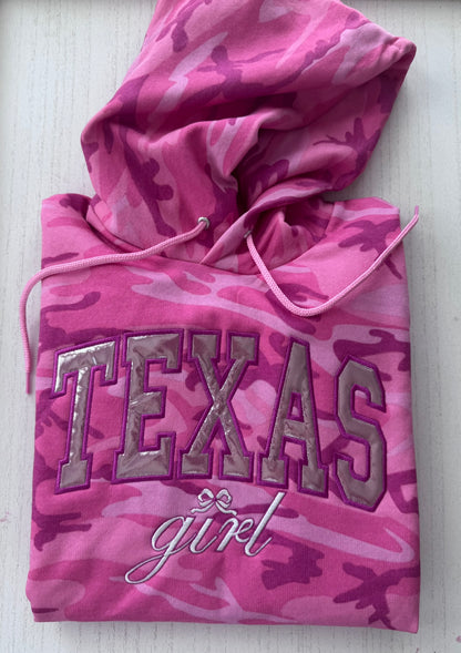 Pink Camo Texas Girl Hoodie, Metallic Appliqué, Embroidered Western Sweatshirt