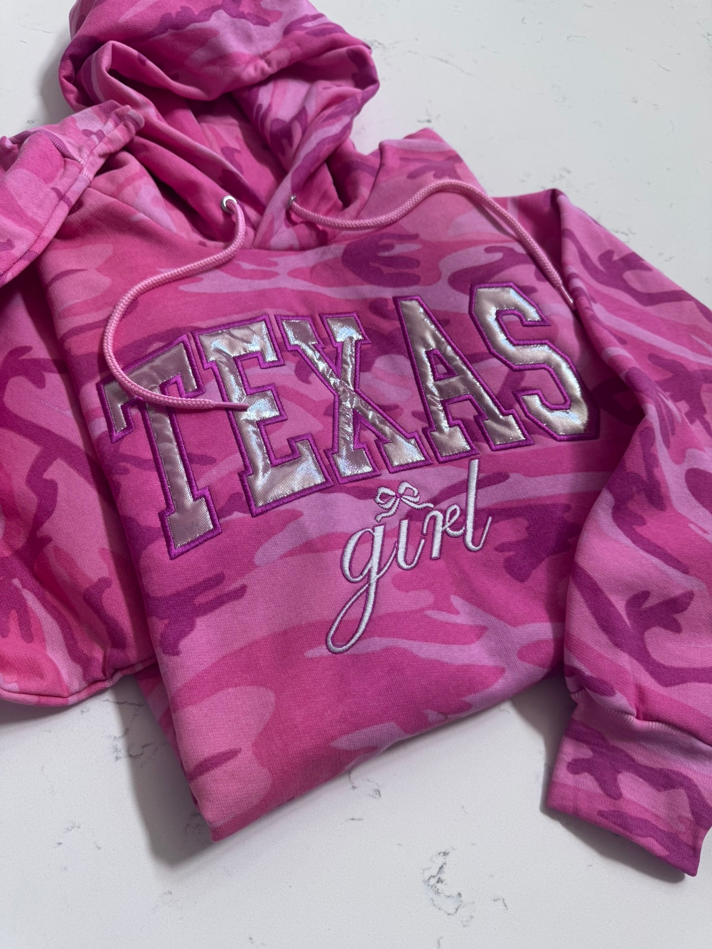 Pink Camo Texas Girl Hoodie, Metallic Appliqué, Embroidered Western Sweatshirt