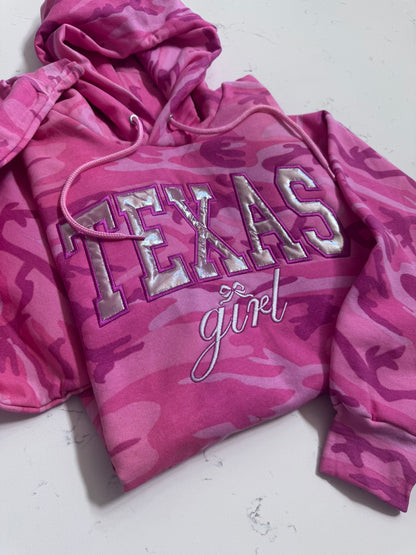 Pink Camo Texas Girl Hoodie, Metallic Appliqué, Embroidered Western Sweatshirt