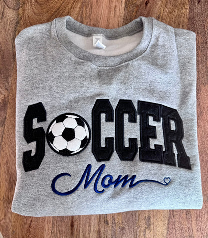 Varsity Soccer Mom sweatshirt with custom team name embroidery