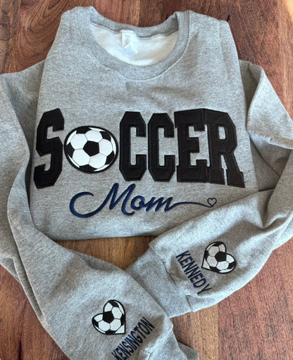 Custom team name Soccer Mom varsity sweatshirt embroidered design