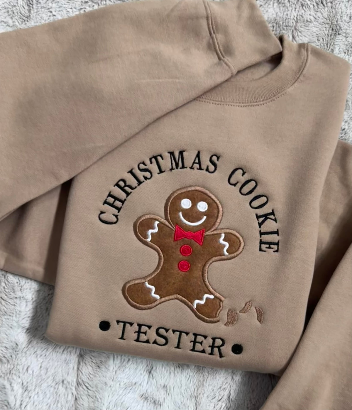 Brown Christmas Cookie Tester sweatshirt with gingerbread appliqué and embroidered holiday design