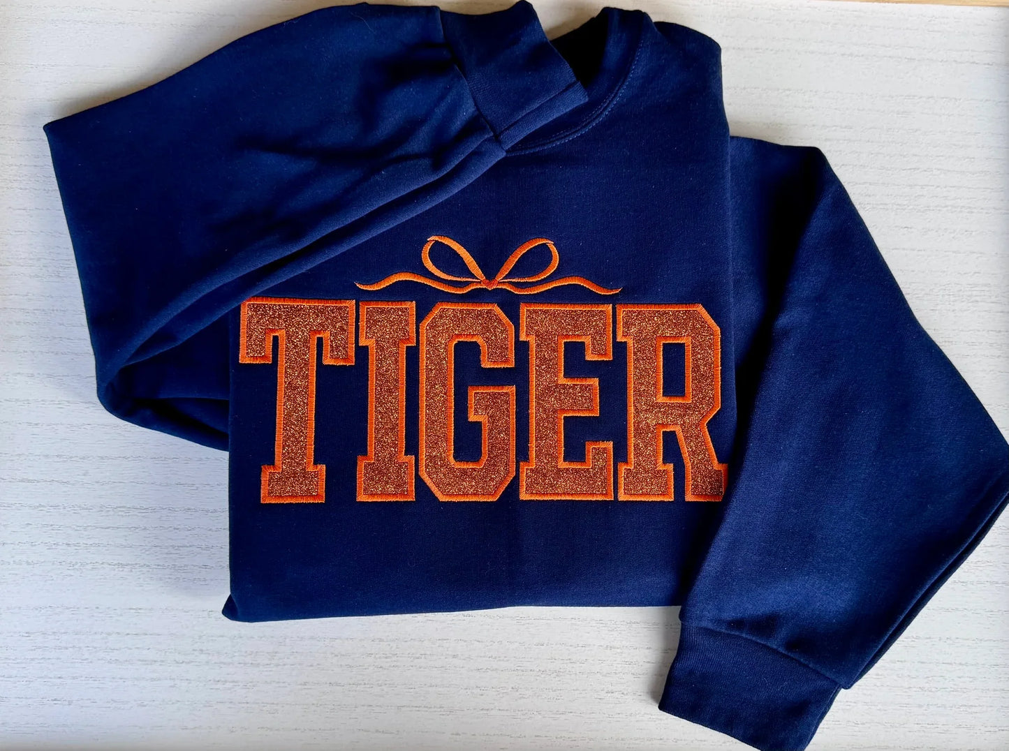 Tiger varsity glitter sweatshirt full view college style crewneck