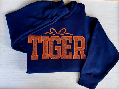 Tiger varsity glitter sweatshirt full view college style crewneck