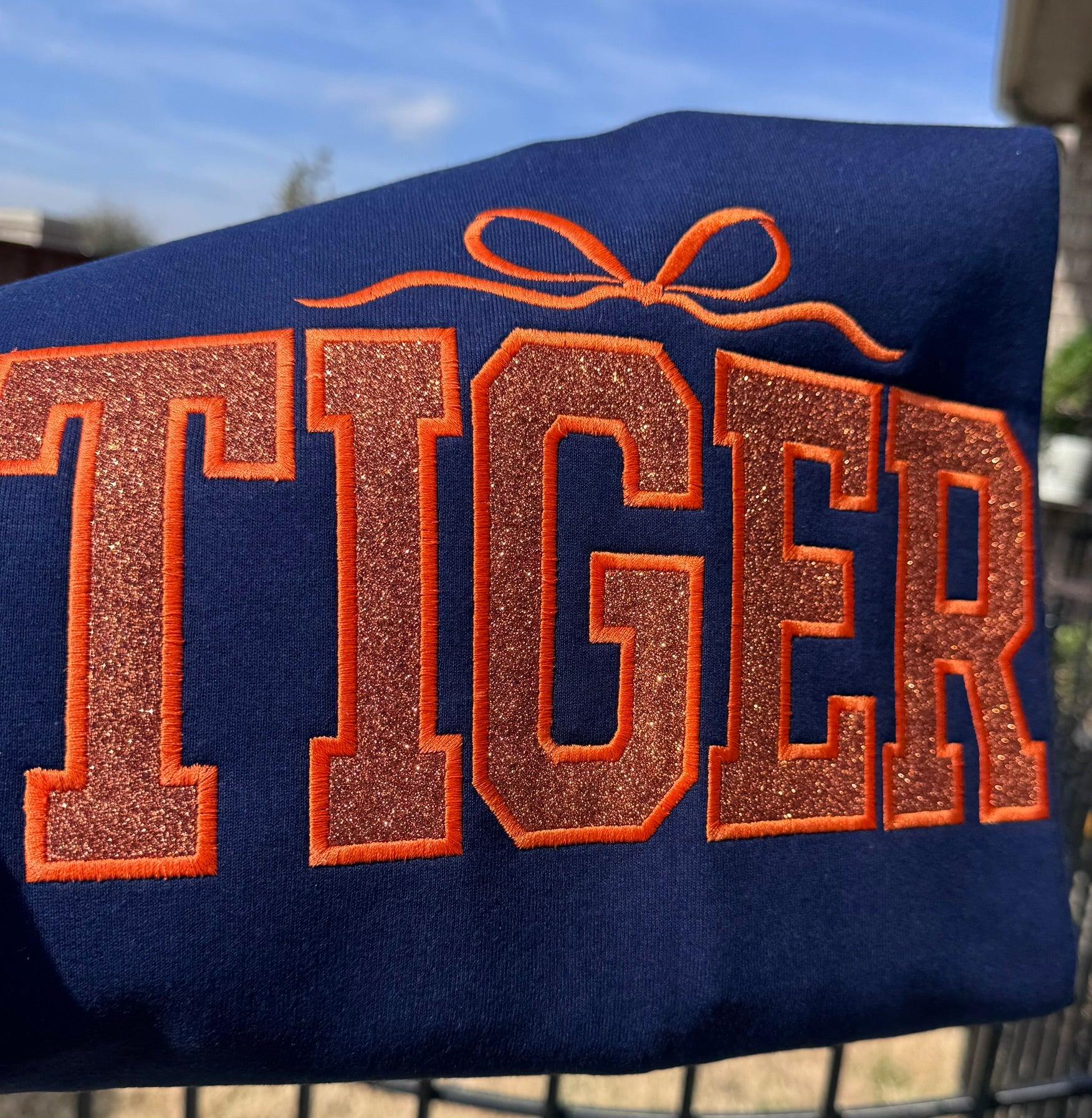 Embroidered tiger varsity sweatshirt with glitter sparkle game day pullover