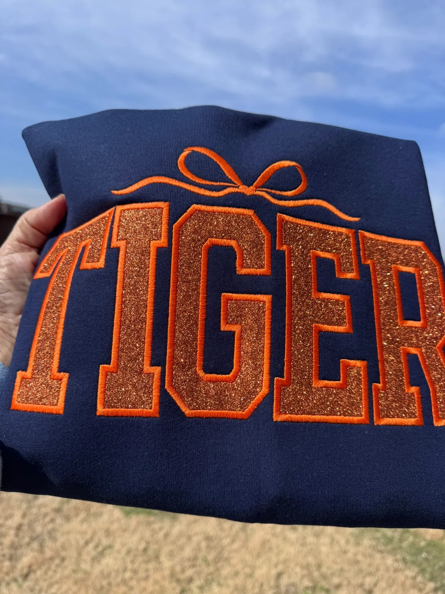 Tiger glitter varsity sweatshirt lifestyle photo college style crewneck