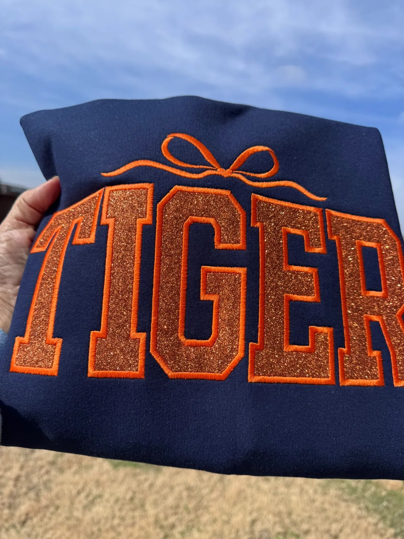 Tiger glitter varsity sweatshirt lifestyle photo college style crewneck