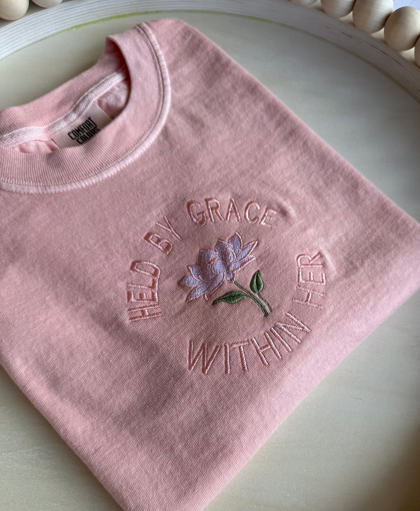 Held by Grace Embroidered Tee, Christian Shirt for Women, Minimal Faith Shirt, Comfort Colors T-Shirt, Modern Faith Apparel