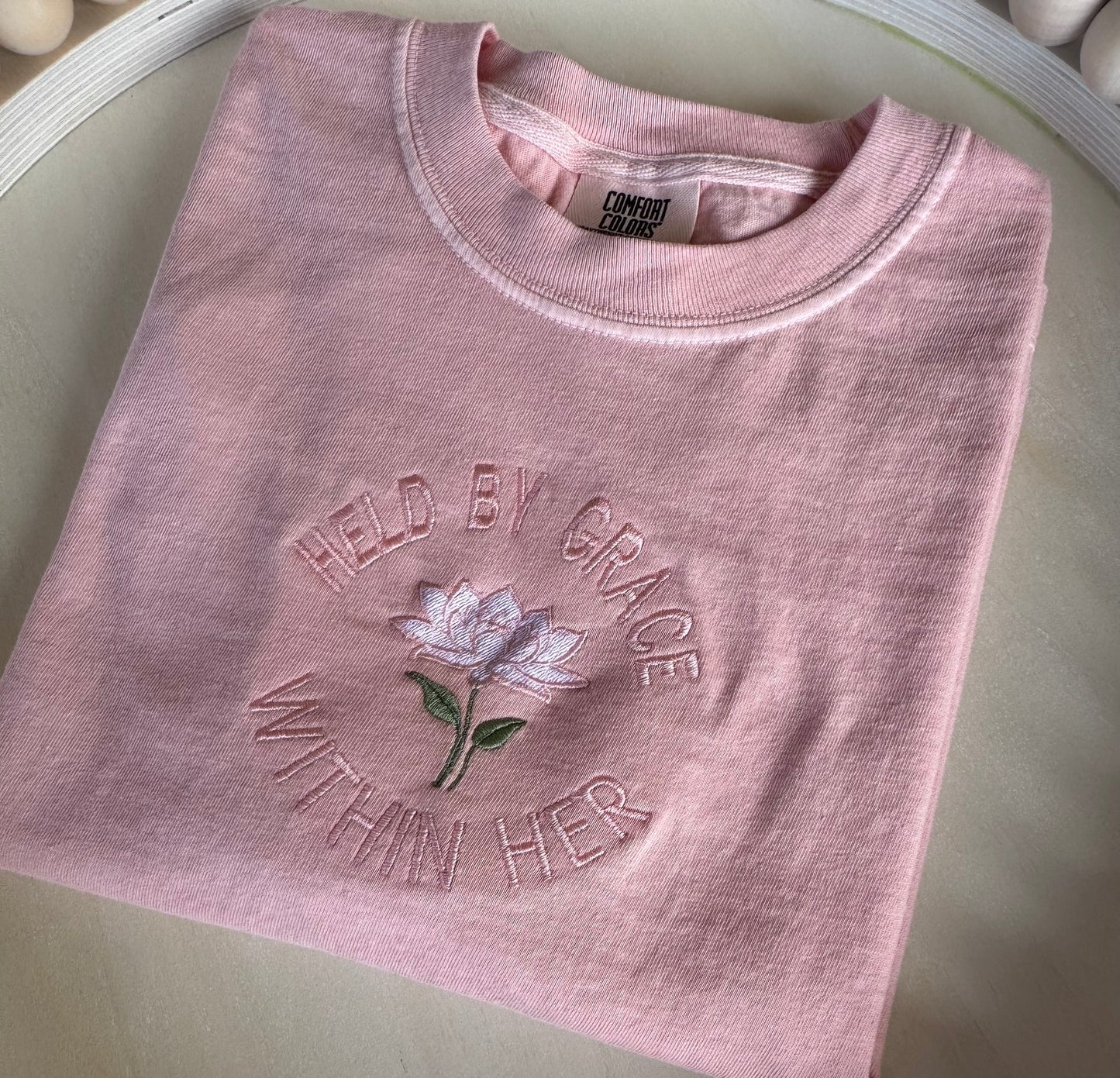 Held by Grace Embroidered Tee, Christian Shirt for Women, Minimal Faith Shirt, Comfort Colors T-Shirt, Modern Faith Apparel