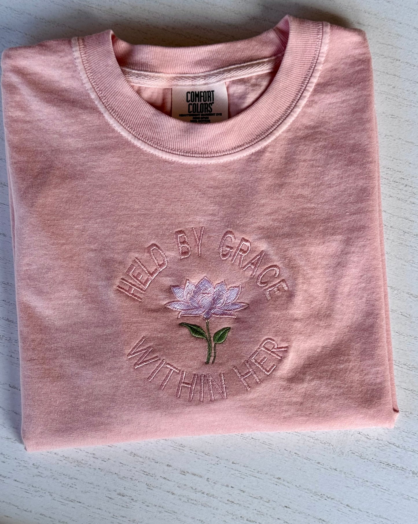Held by Grace Embroidered Tee, Christian Shirt for Women, Minimal Faith Shirt, Comfort Colors T-Shirt, Modern Faith Apparel