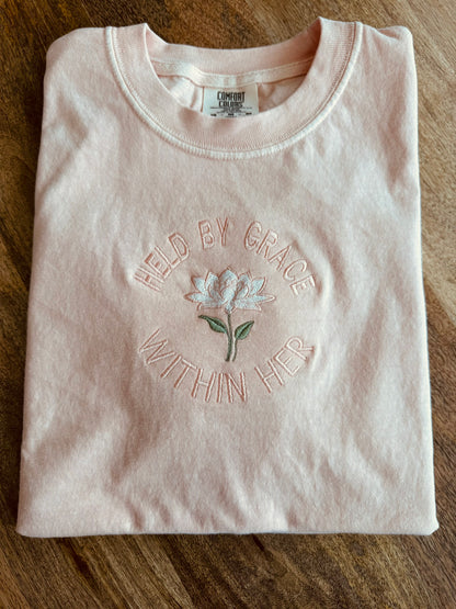 Held by Grace embroidered Christian shirt modern faith apparel for women