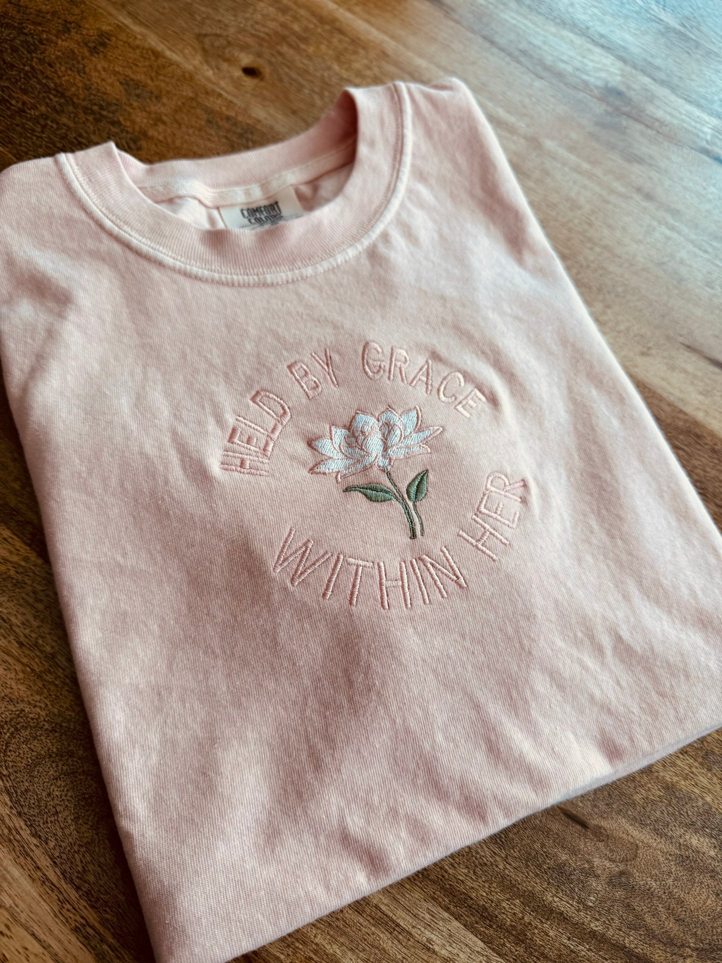 Held by Grace Embroidered Tee, Christian Shirt for Women, Minimal Faith Shirt, Comfort Colors T-Shirt, Modern Faith Apparel