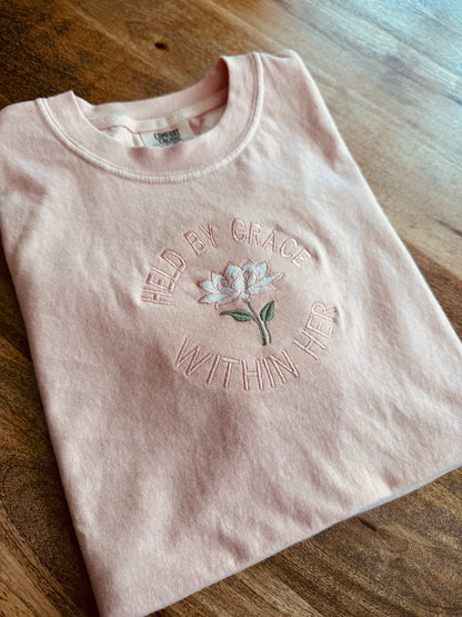 Held by Grace Christian tee minimal faith shirt comfort colors for women