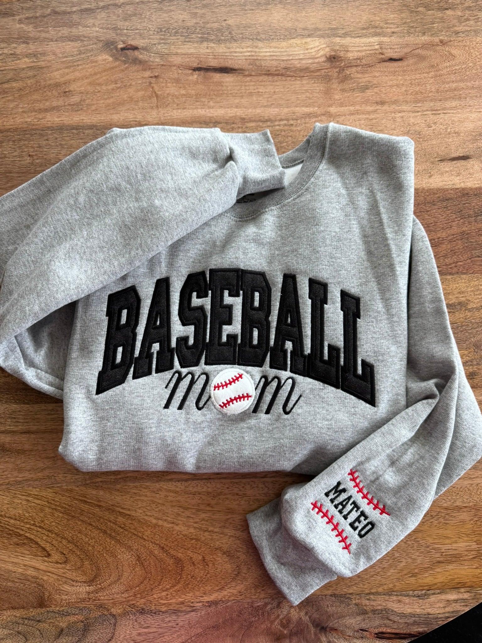 Close-up of Baseball Mom varsity embroidery detail on custom sweatshirt