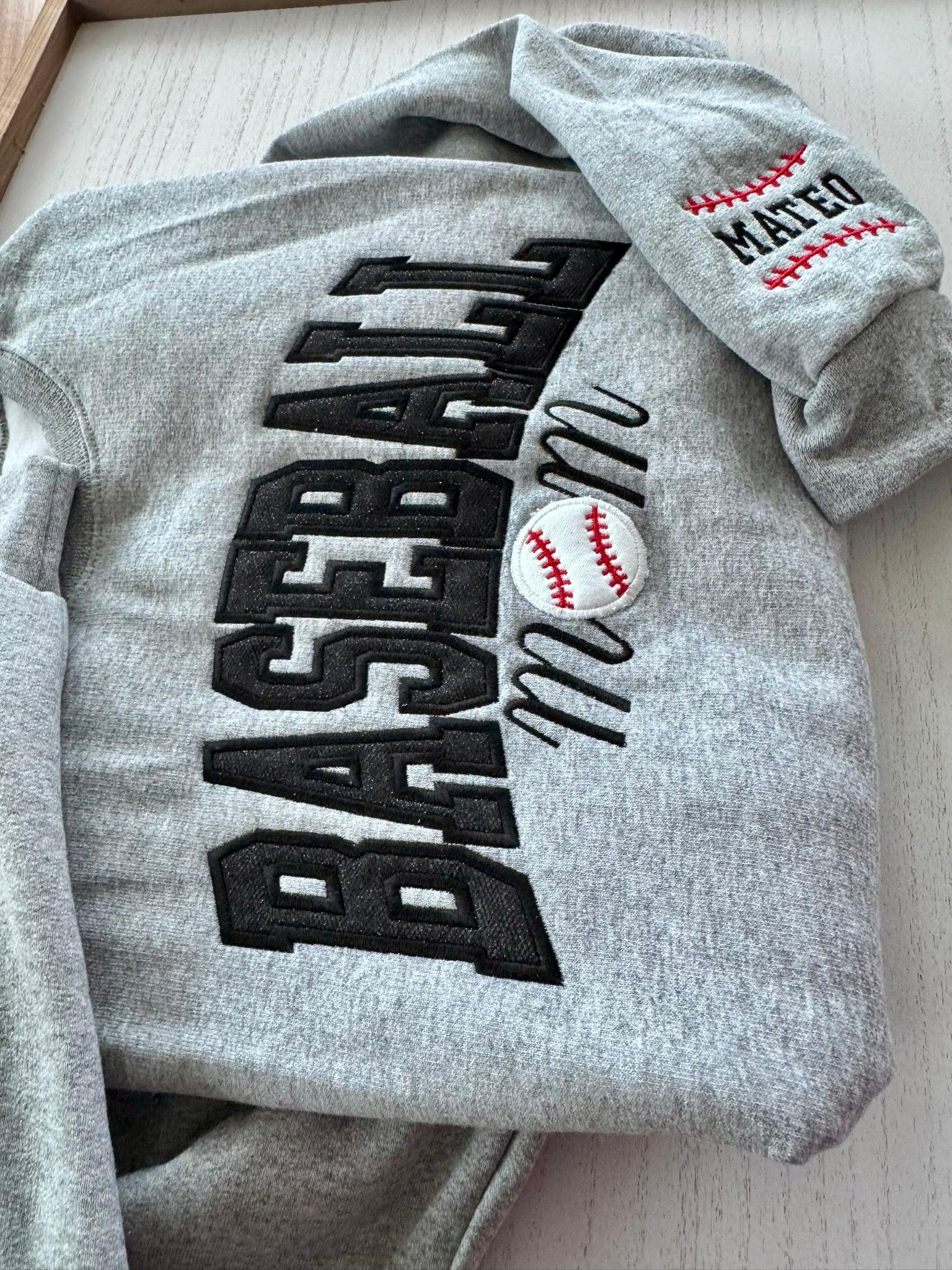 Baseball Mom custom embroidered crewneck sweatshirt flat lay view